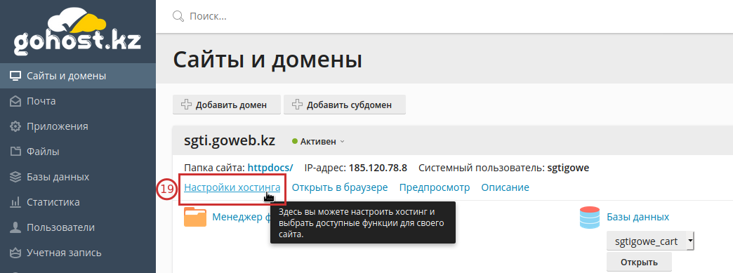 Раздел «Настройки хостинга»